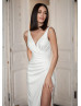 Ivory Satin Slit Backless Draped Wedding Dress